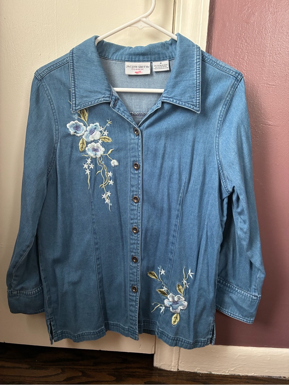 Jaclyn Smith Blue Denim Embroidered Button-Down Shirt